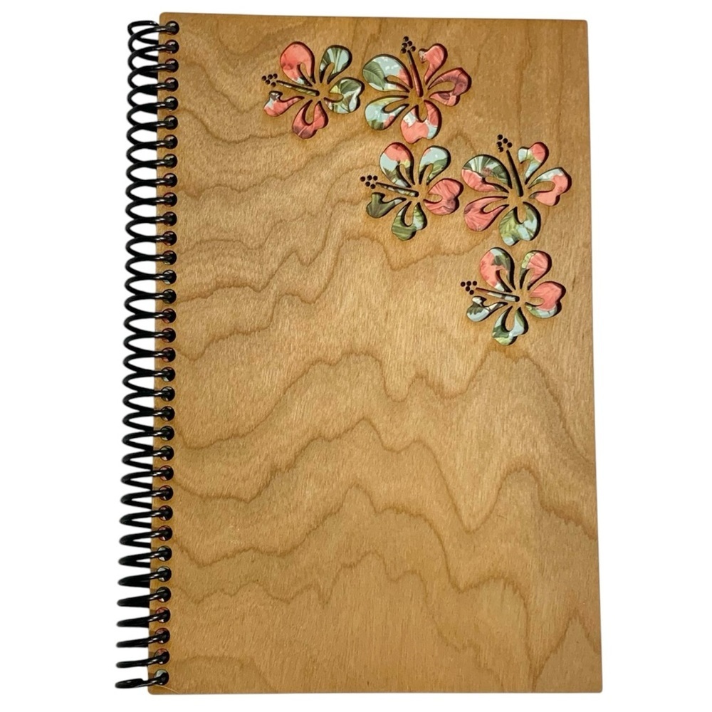 Hibiscus Floral Wooden Cover Spiral Sketchbook Unlined Notebook Journal, [NEW]